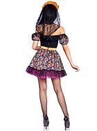 Day of the Dead, costume dress, lace trim, sugar skull (Calavera), cold shoulder, puff sleeves